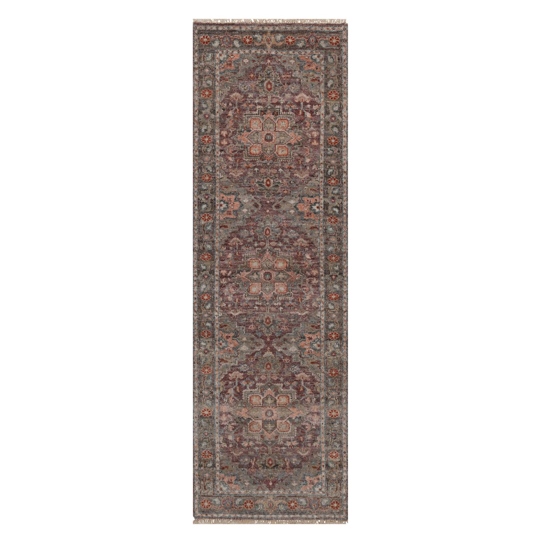 2'5"x8' Wine Red, Heriz Revival with Geometric Medallions, Vegetable Dyes, Hand Knotted, Soft Wool, Thick and Plush, Runner, Oriental Rug 